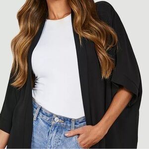 Forever 21 Black Satin Open Front Longline Kimono Duster